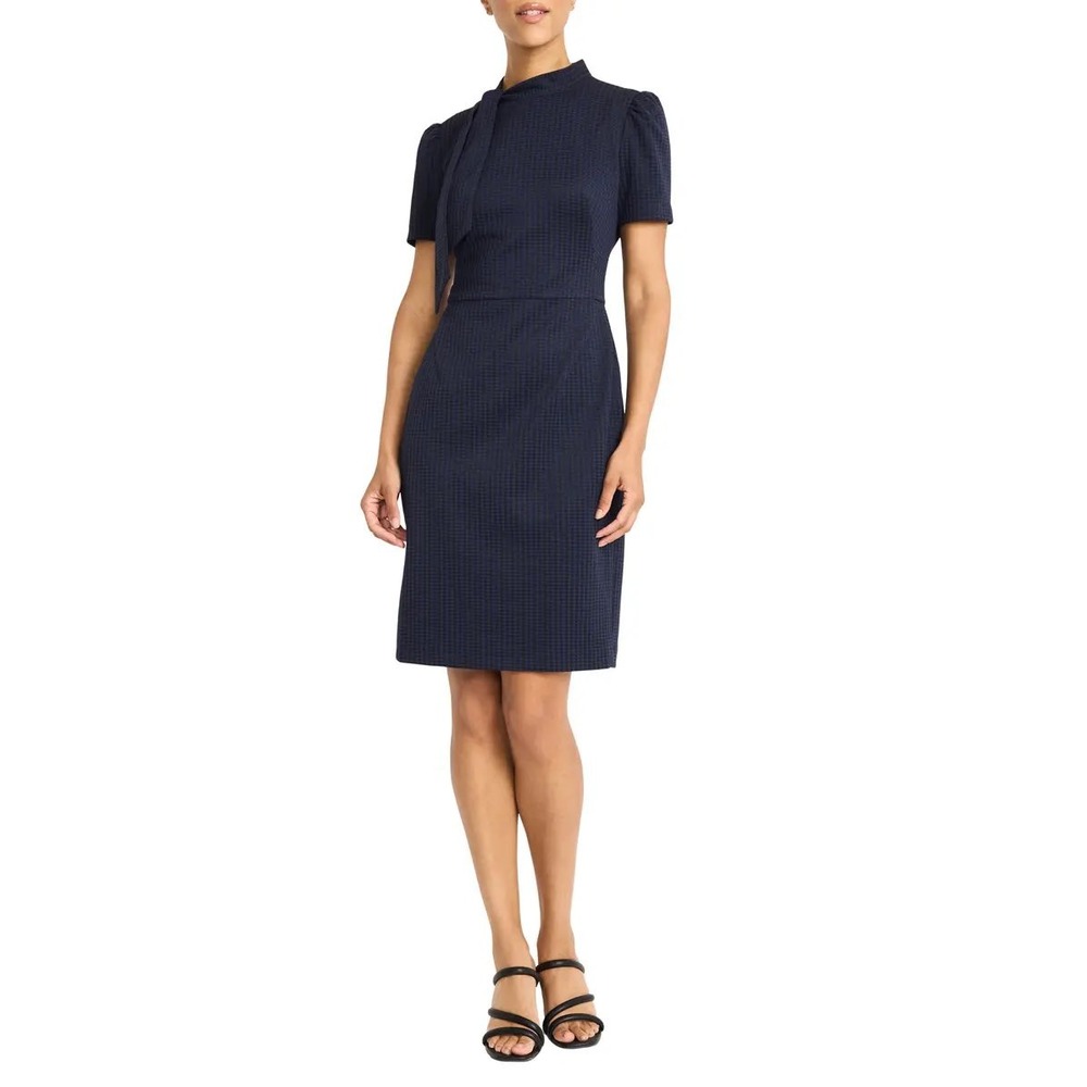 Maggy‎ London NWT Navy Blue Houndstooth Sheath Dress with Tie Neck Size 4 preppy
